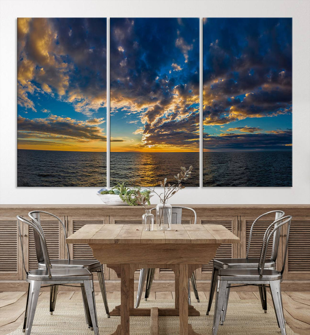 Sunset Ocean Horizon Canvas Wall Art - Serene Seascape for Dining Room, Living Room, or Office, Ready to Hang Premium Print