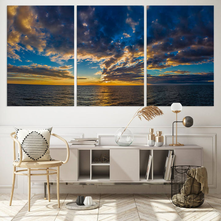 Sunset Ocean Horizon Canvas Wall Art - Serene Seascape for Dining Room, Living Room, or Office, Ready to Hang Premium Print