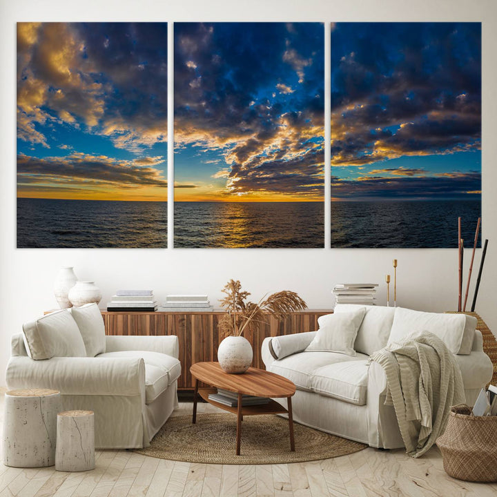 Sunset Ocean Horizon Canvas Wall Art - Serene Seascape for Dining Room, Living Room, or Office, Ready to Hang Premium Print