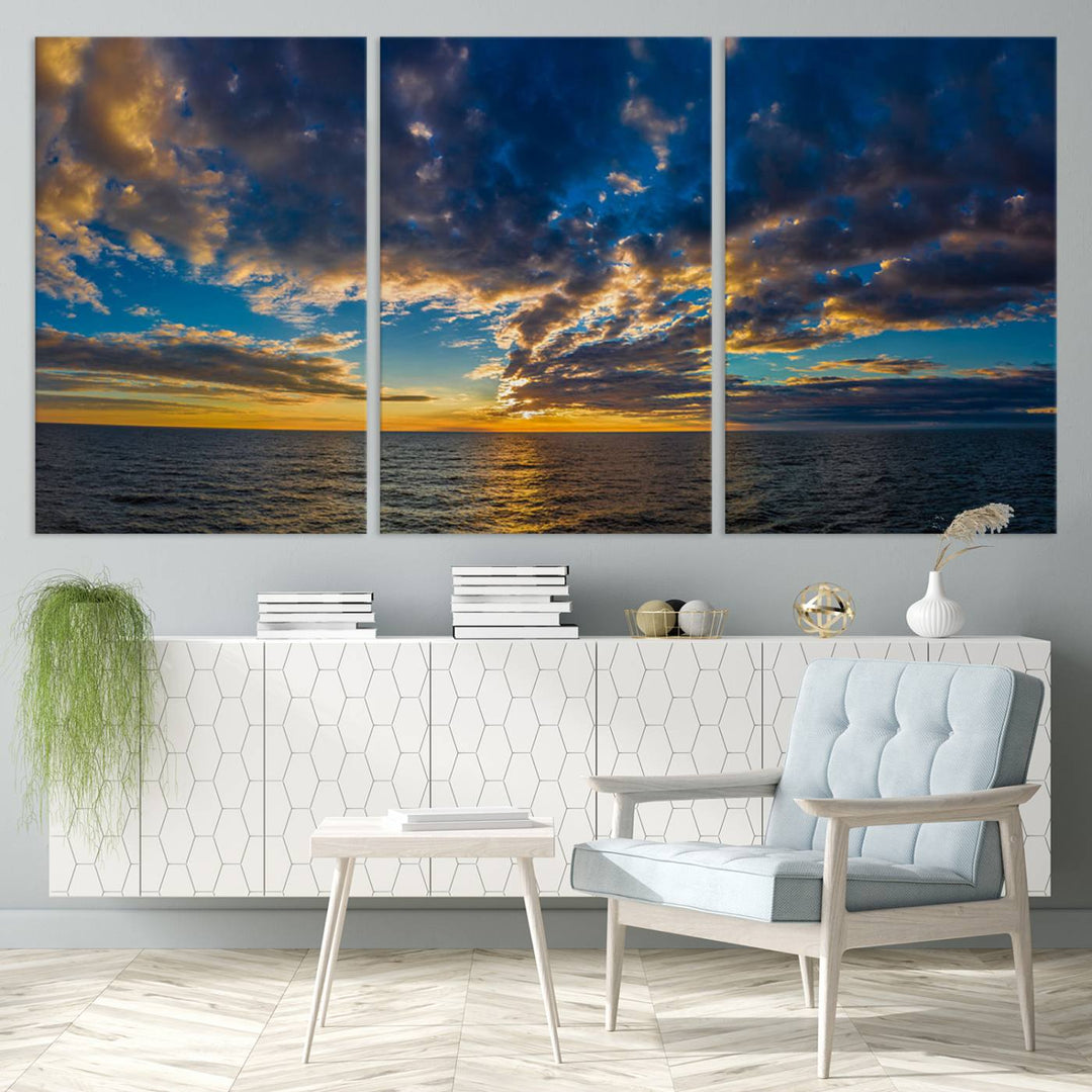 Sunset Ocean Horizon Canvas Wall Art - Serene Seascape for Dining Room, Living Room, or Office, Ready to Hang Premium Print