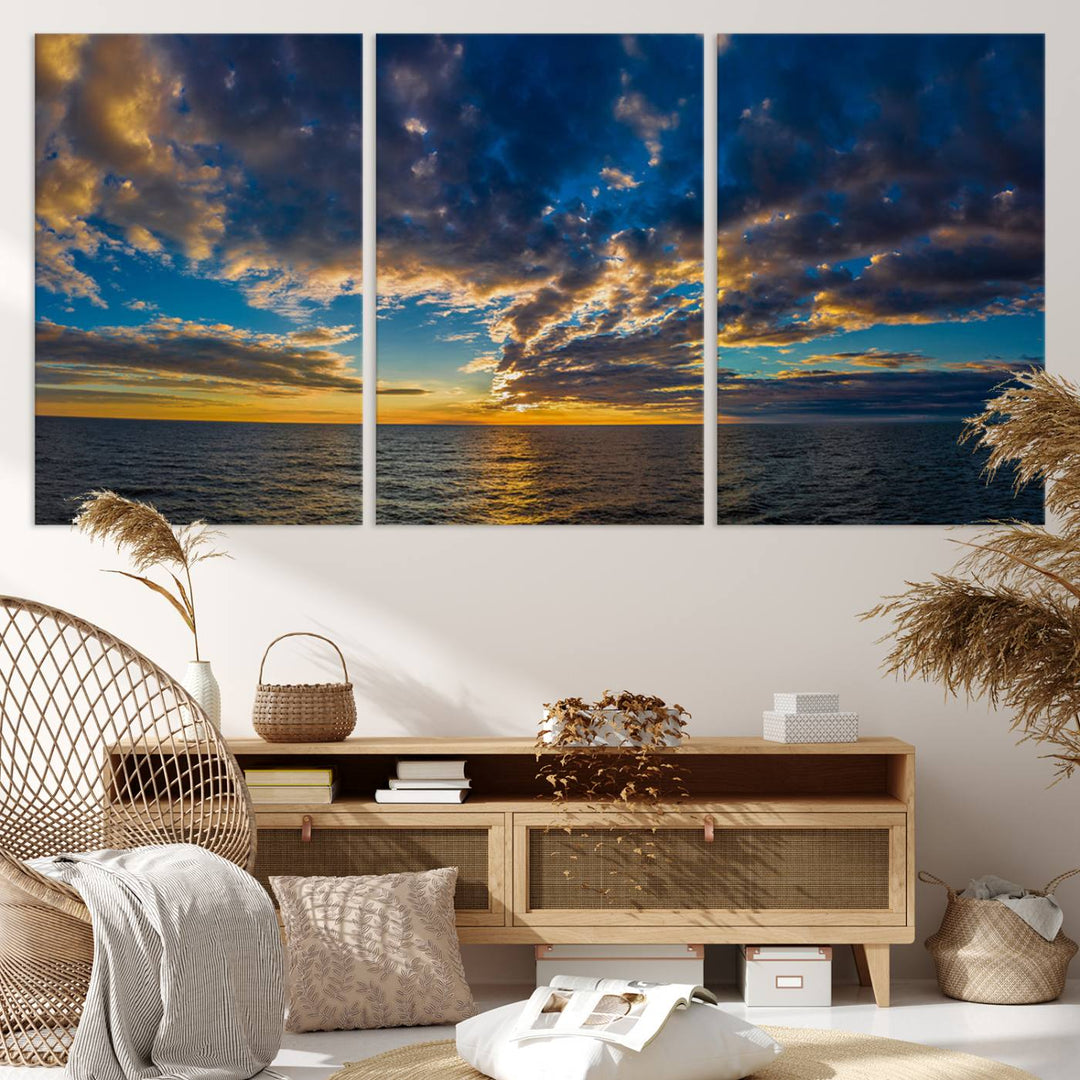 Sunset Ocean Horizon Canvas Wall Art - Serene Seascape for Dining Room, Living Room, or Office, Ready to Hang Premium Print