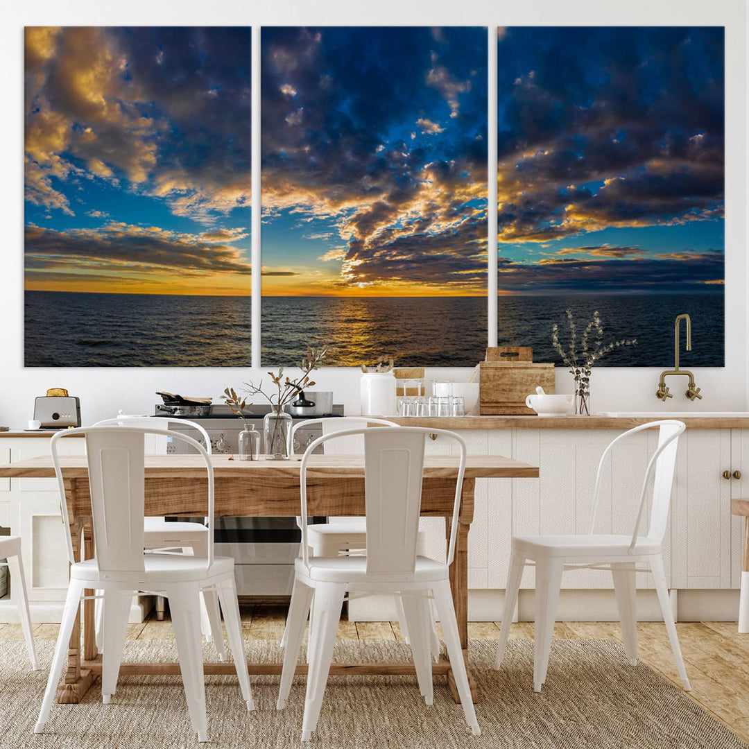 Sunset Ocean Horizon Canvas Wall Art - Serene Seascape for Dining Room, Living Room, or Office, Ready to Hang Premium Print