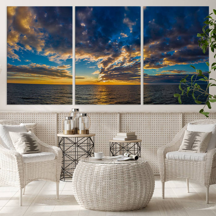 Sunset Ocean Horizon Canvas Wall Art - Serene Seascape for Dining Room, Living Room, or Office, Ready to Hang Premium Print