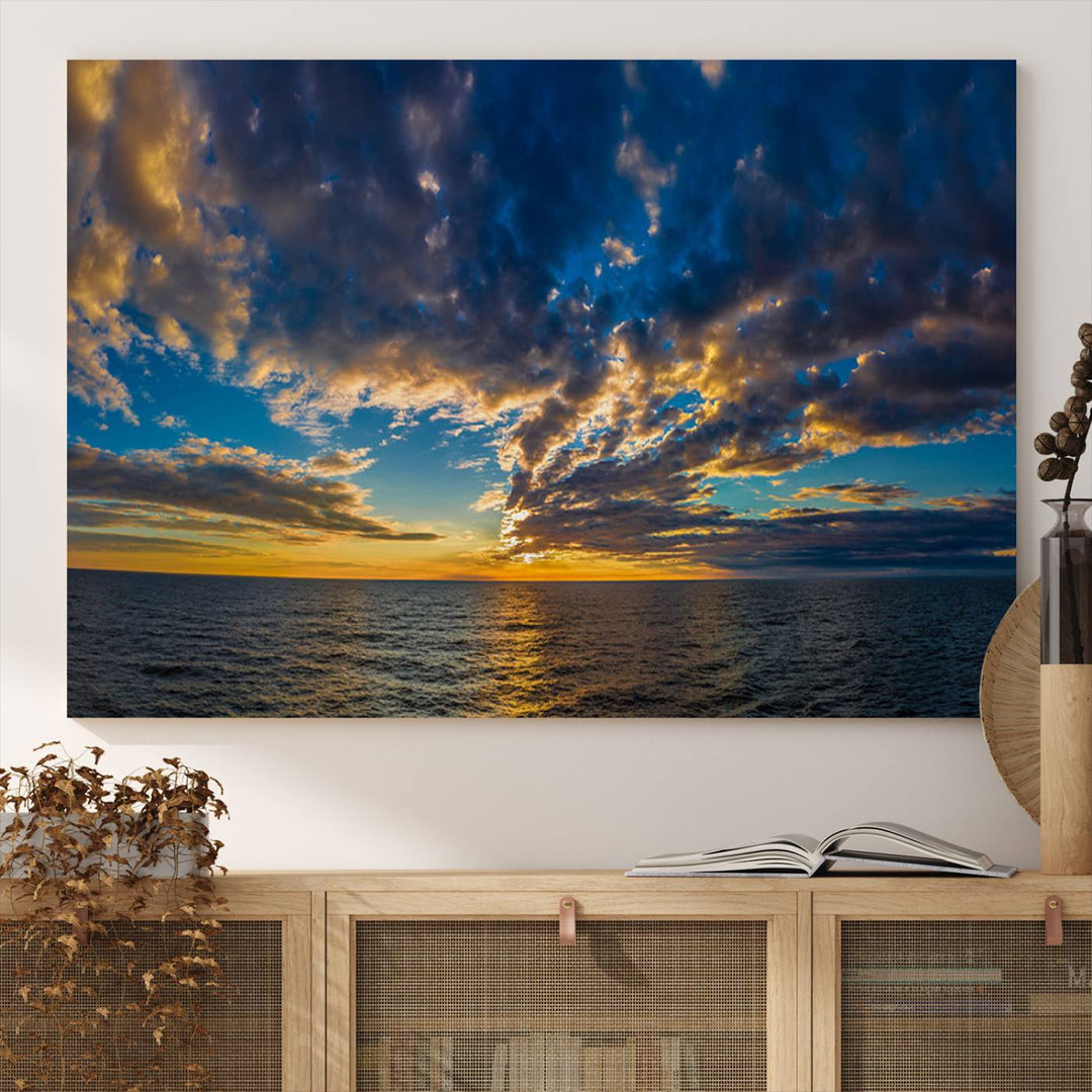 Sunset Ocean Horizon Canvas Wall Art - Serene Seascape for Dining Room, Living Room, or Office, Ready to Hang Premium Print