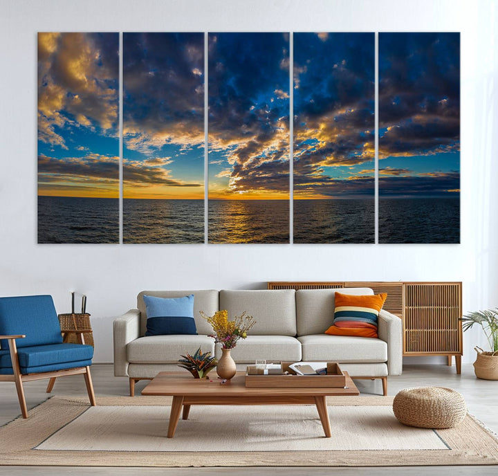 Sunset Ocean Horizon Canvas Wall Art - Serene Seascape for Dining Room, Living Room, or Office, Ready to Hang Premium Print