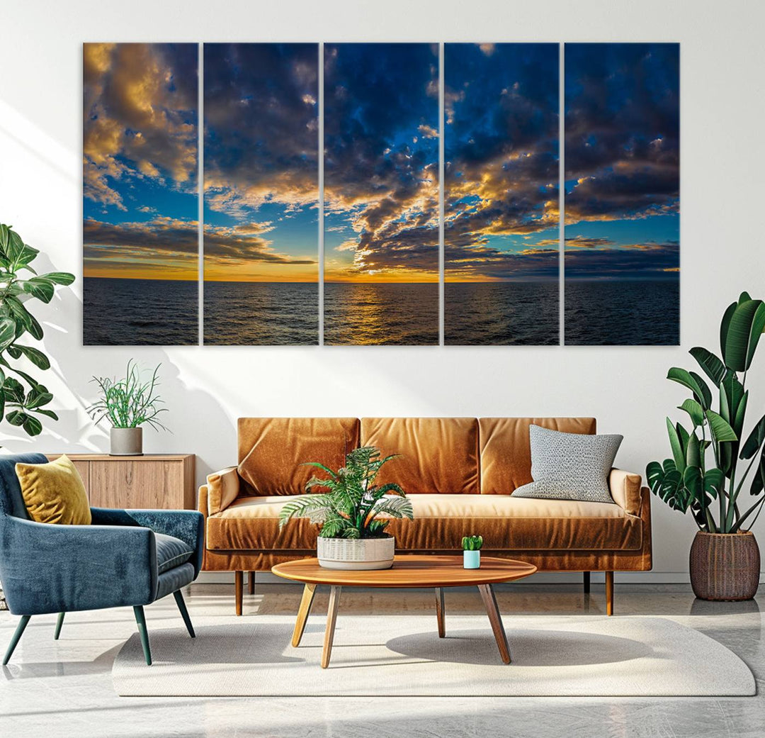 Sunset Ocean Horizon Canvas Wall Art - Serene Seascape for Dining Room, Living Room, or Office, Ready to Hang Premium Print