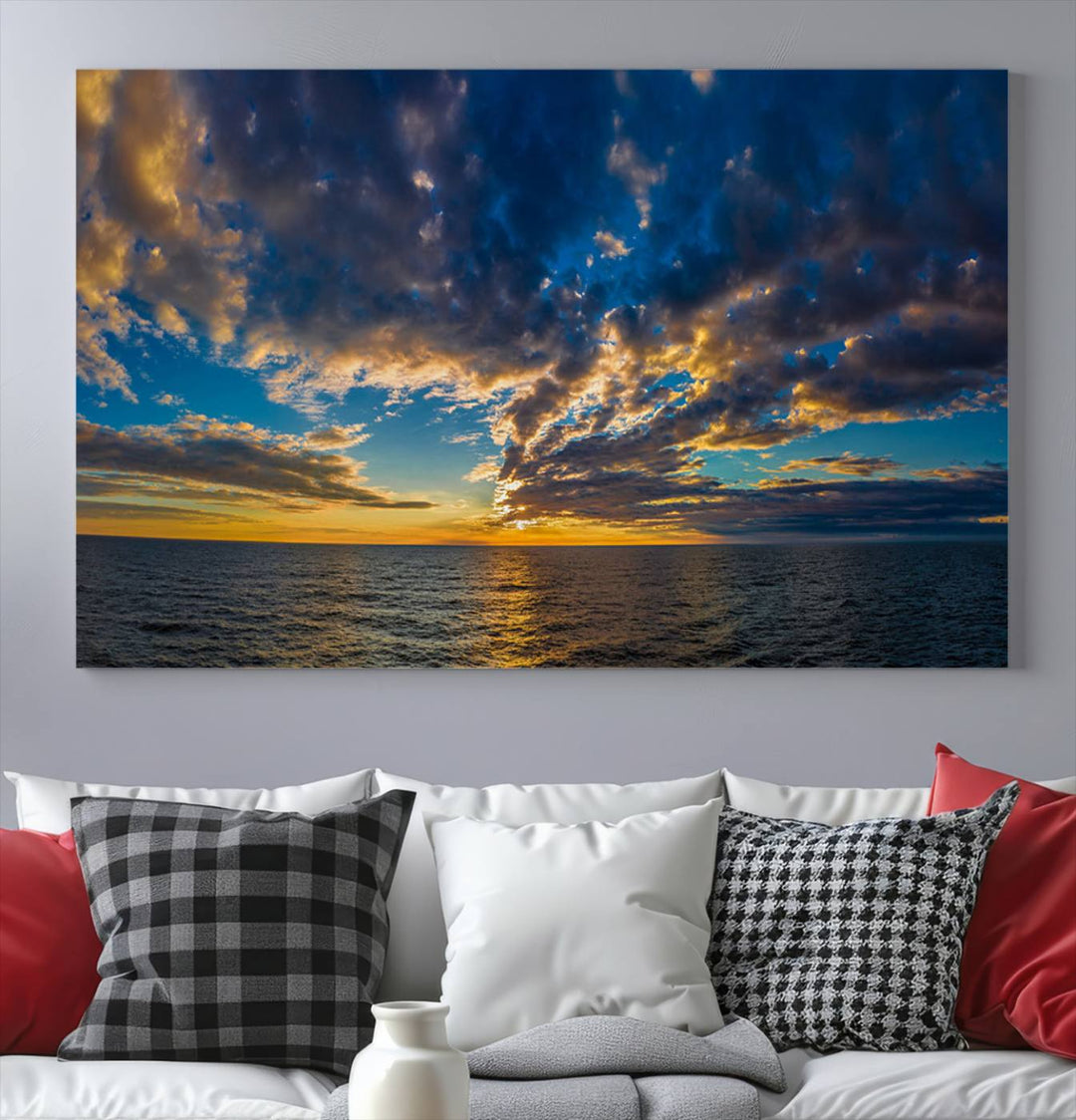 Sunset Ocean Horizon Canvas Wall Art - Serene Seascape for Dining Room, Living Room, or Office, Ready to Hang Premium Print