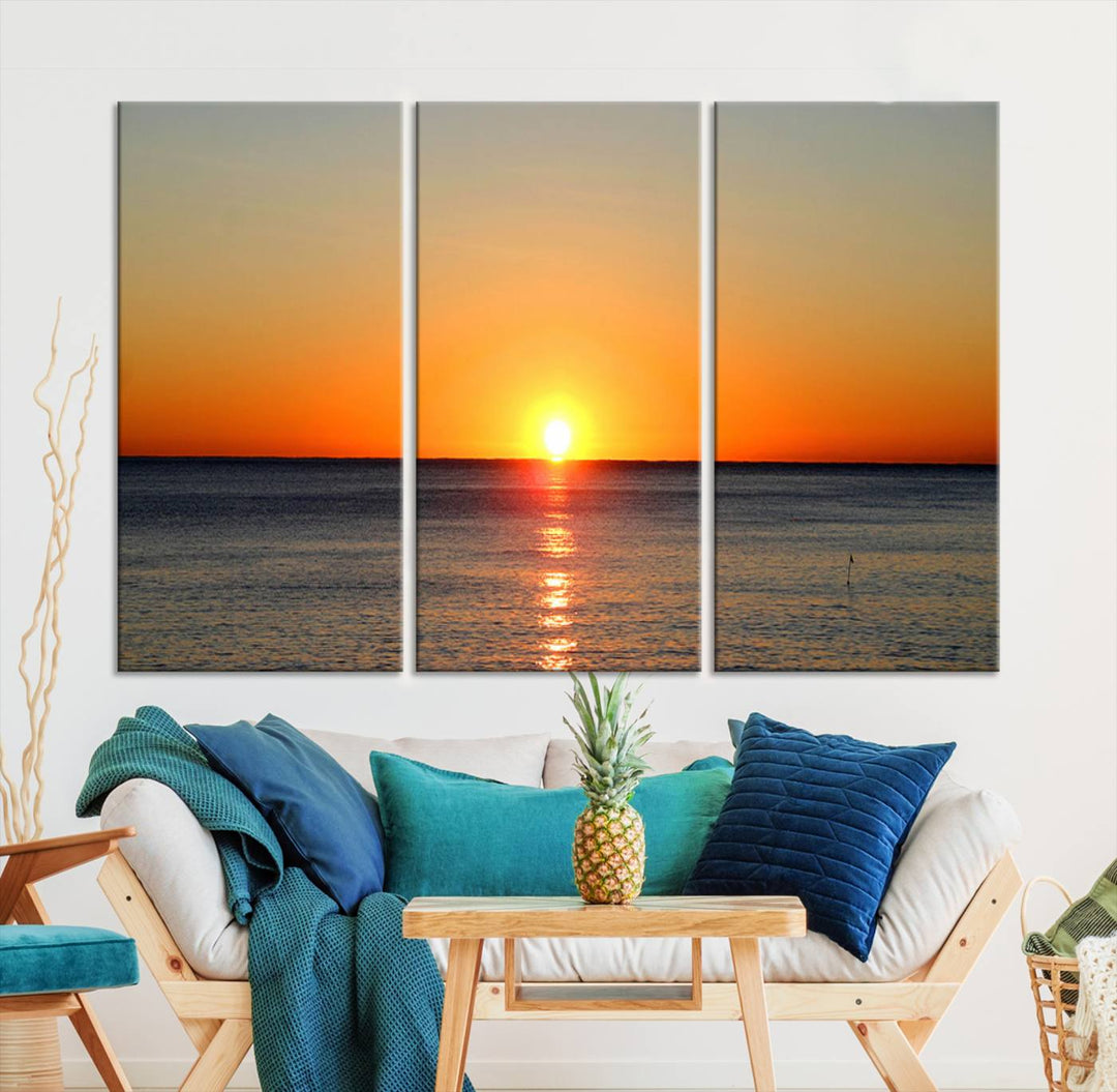 Sunset Over Calm Ocean Canvas Wall Art Print - Serene Coastal Sunset Wall Art for Dining Room, Ready to Hang