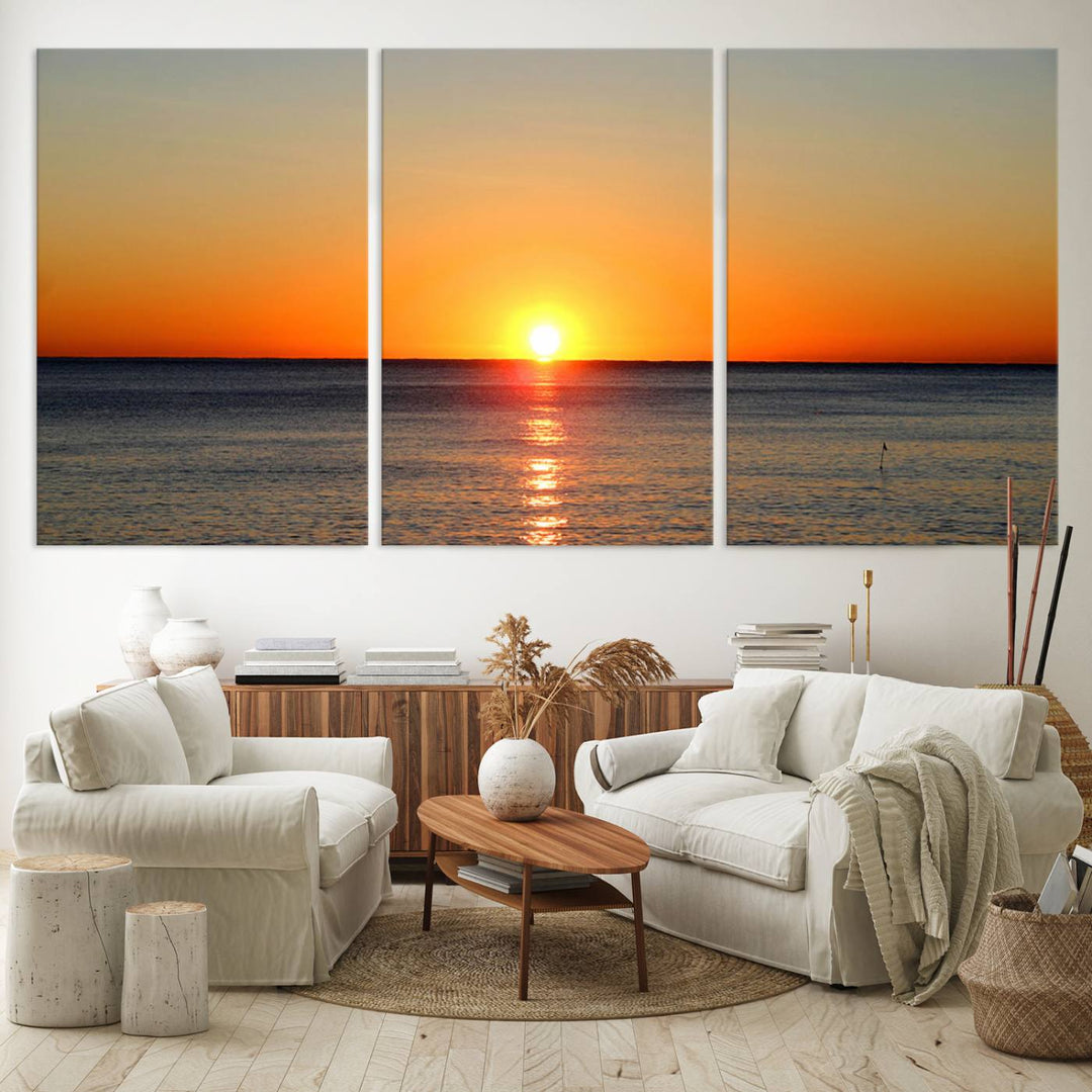 Sunset Over Calm Ocean Canvas Wall Art Print - Serene Coastal Sunset Wall Art for Dining Room, Ready to Hang