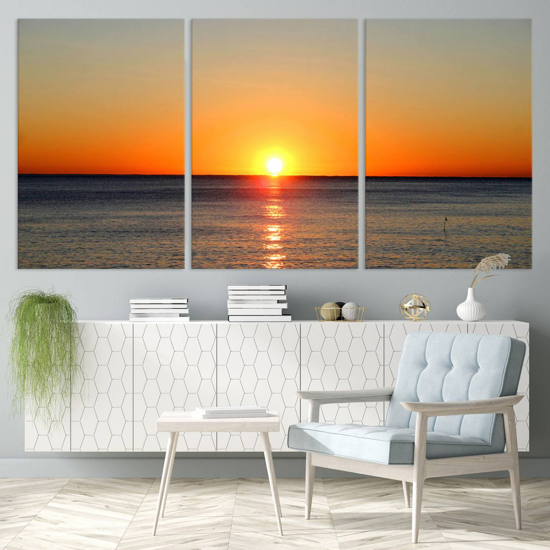 Sunset Over Calm Ocean Canvas Wall Art Print - Serene Coastal Sunset Wall Art for Dining Room, Ready to Hang