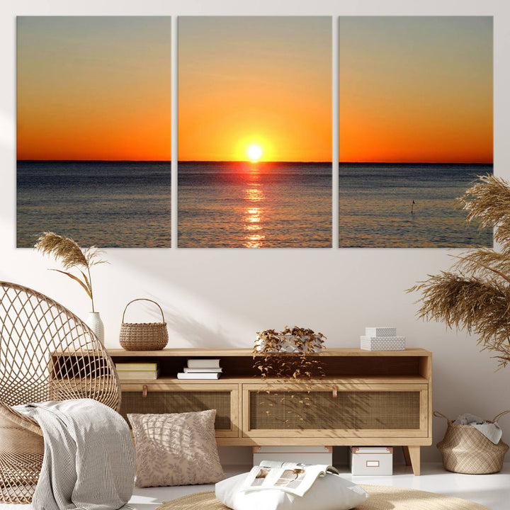 Sunset Over Calm Ocean Canvas Wall Art Print - Serene Coastal Sunset Wall Art for Dining Room, Ready to Hang