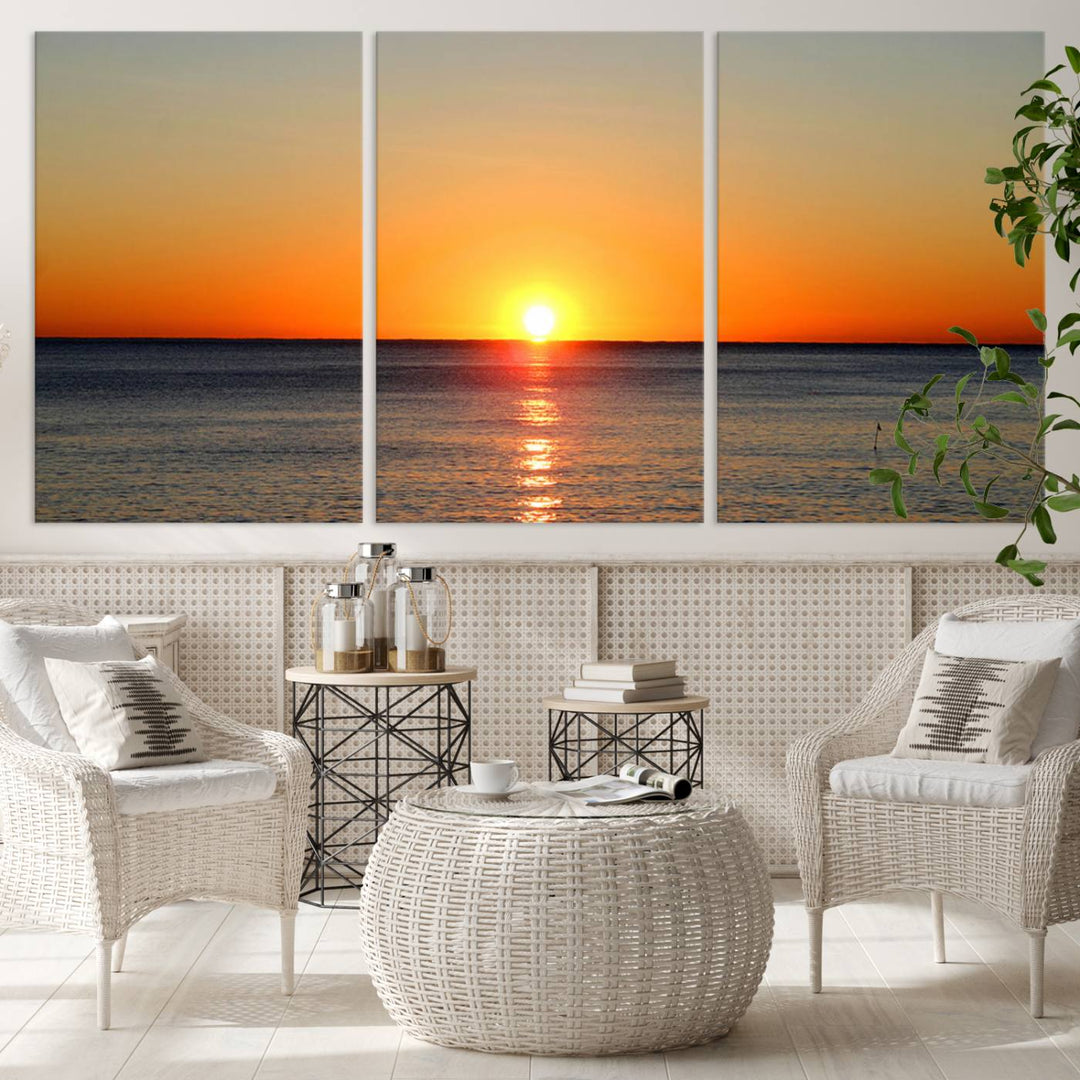 Sunset Over Calm Ocean Canvas Wall Art Print - Serene Coastal Sunset Wall Art for Dining Room, Ready to Hang