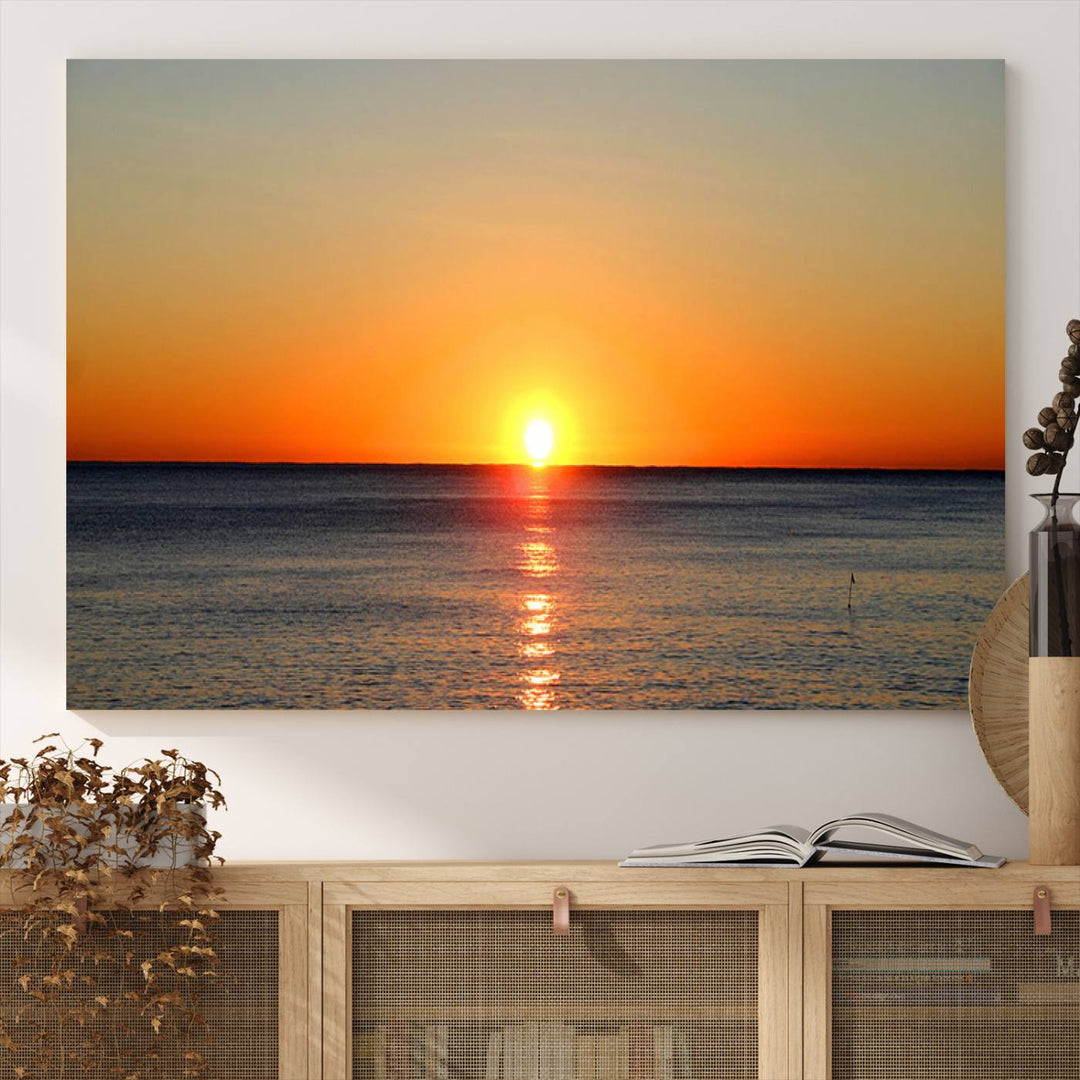 Sunset Over Calm Ocean Canvas Wall Art Print - Serene Coastal Sunset Wall Art for Dining Room, Ready to Hang