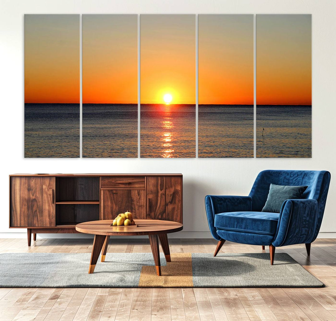 Sunset Over Calm Ocean Canvas Wall Art Print - Serene Coastal Sunset Wall Art for Dining Room, Ready to Hang