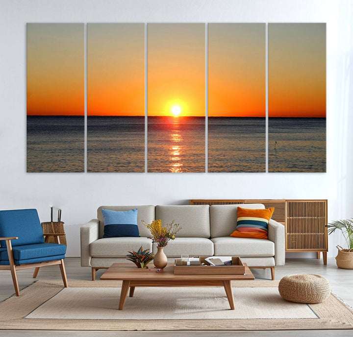 Sunset Over Calm Ocean Canvas Wall Art Print - Serene Coastal Sunset Wall Art for Dining Room, Ready to Hang