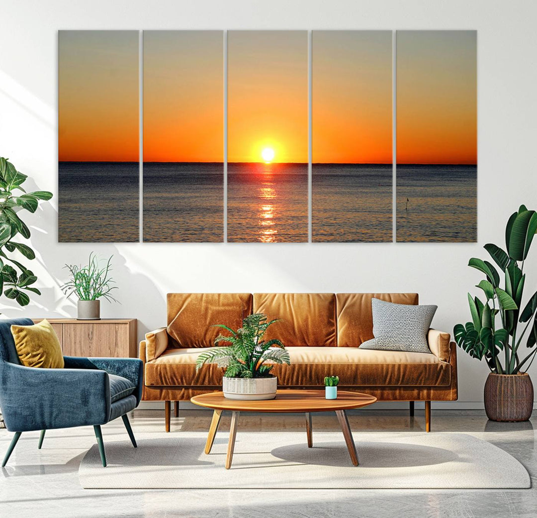 Sunset Over Calm Ocean Canvas Wall Art Print - Serene Coastal Sunset Wall Art for Dining Room, Ready to Hang