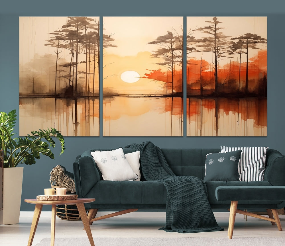 Sunset over Mountain Lake Abstract Landscape Painting Large Framed Wall Art Canvas Print