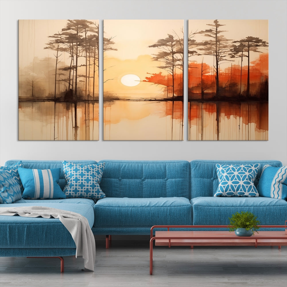 Sunset over Mountain Lake Abstract Landscape Painting Large Framed Wall Art Canvas Print