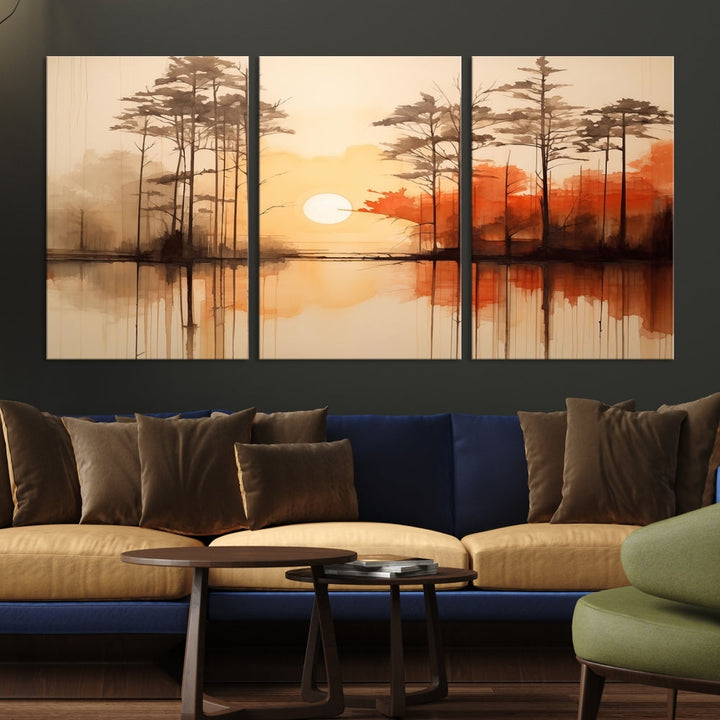 Sunset over Mountain Lake Abstract Landscape Painting Large Framed Wall Art Canvas Print