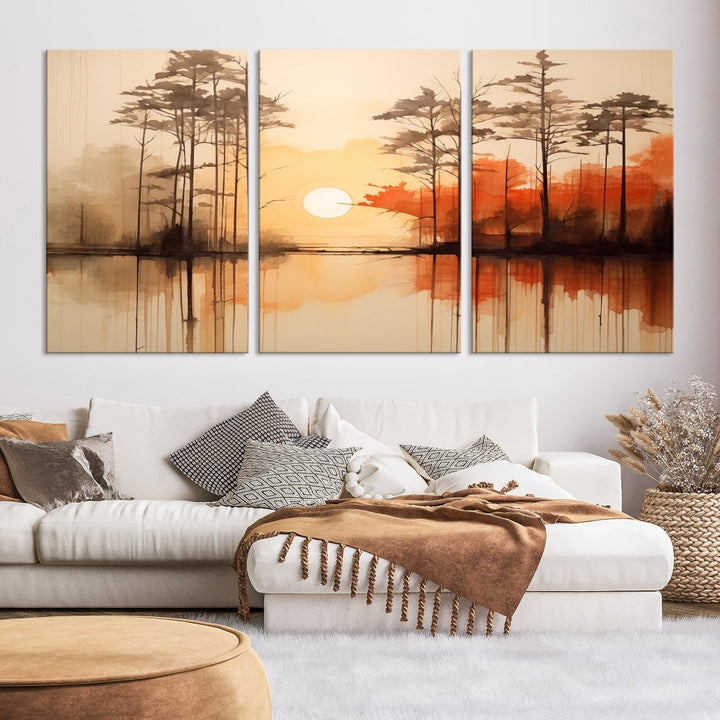 Sunset over Mountain Lake Abstract Landscape Painting Large Framed Wall Art Canvas Print