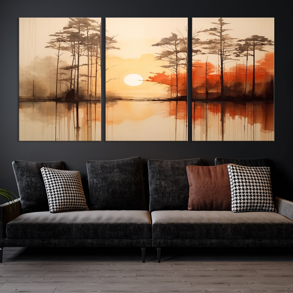 Sunset over Mountain Lake Abstract Landscape Painting Large Framed Wall Art Canvas Print