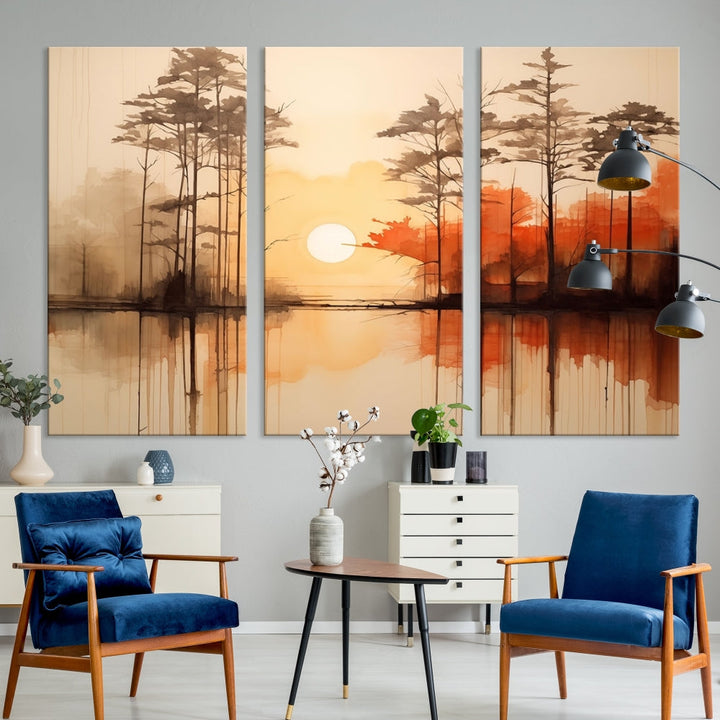 Sunset over Mountain Lake Abstract Landscape Painting Large Framed Wall Art Canvas Print