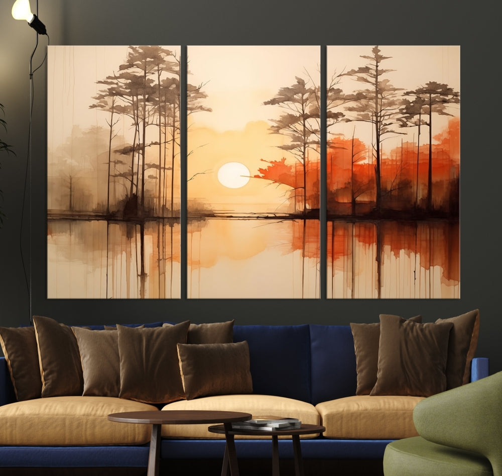 Sunset over Mountain Lake Abstract Landscape Painting Large Framed Wall Art Canvas Print