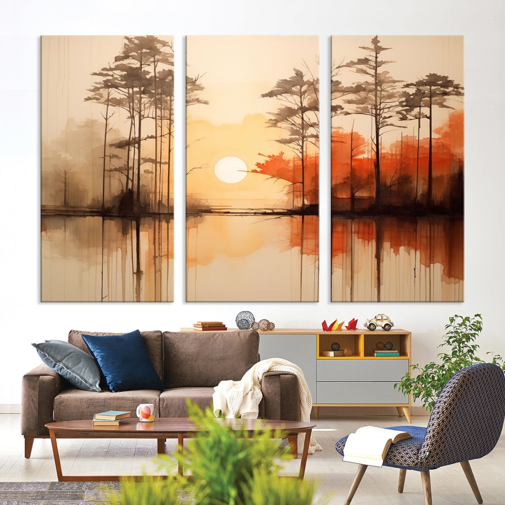 Sunset over Mountain Lake Abstract Landscape Painting Large Framed Wall Art Canvas Print