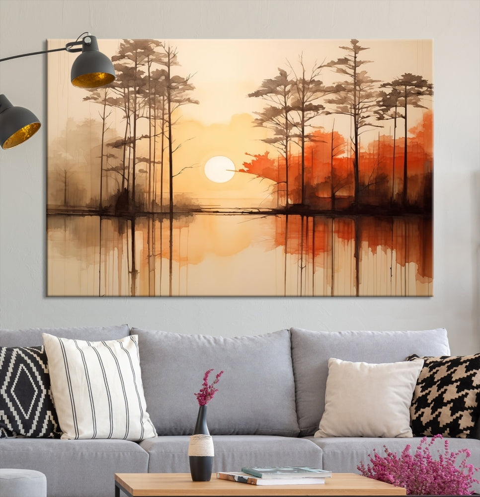 Sunset over Mountain Lake Abstract Landscape Painting Large Framed Wall Art Canvas Print