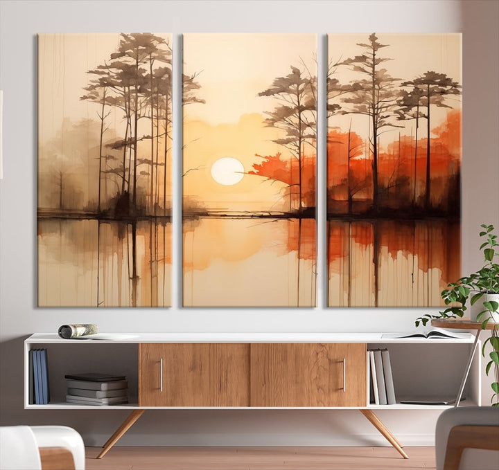 Sunset over Mountain Lake Abstract Landscape Painting Large Framed Wall Art Canvas Print