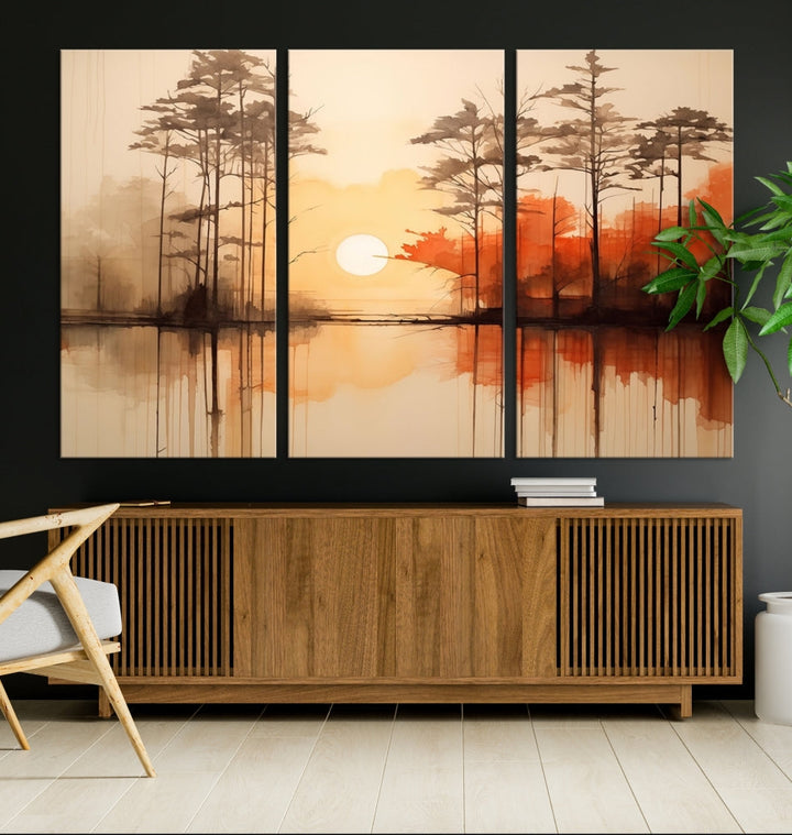 Sunset over Mountain Lake Abstract Landscape Painting Large Framed Wall Art Canvas Print