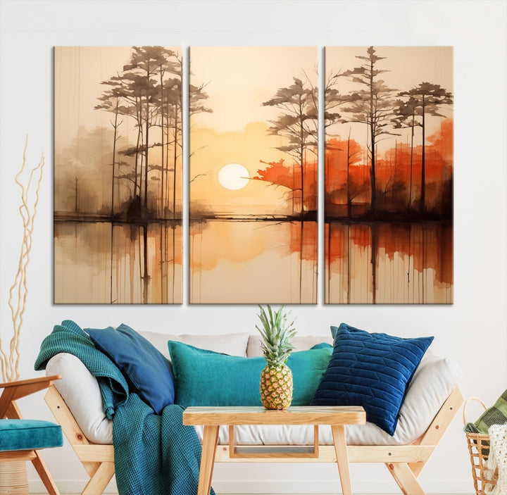 Sunset over Mountain Lake Abstract Landscape Painting Large Framed Wall Art Canvas Print