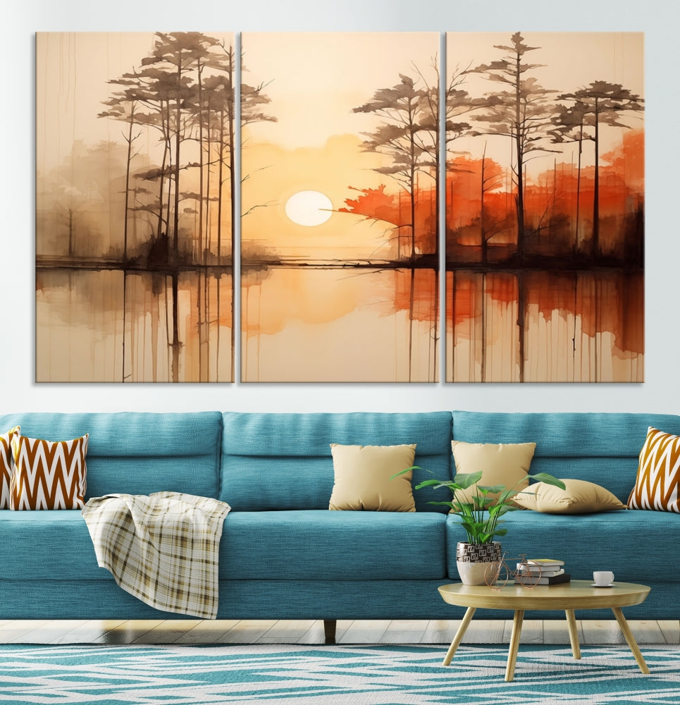 Sunset over Mountain Lake Abstract Landscape Painting Large Framed Wall Art Canvas Print