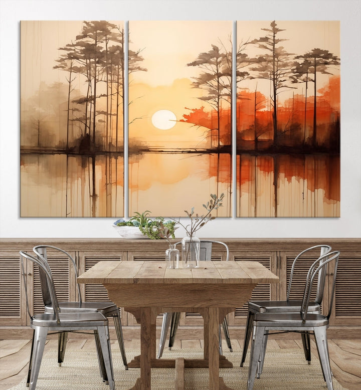 Sunset over Mountain Lake Abstract Landscape Painting Large Framed Wall Art Canvas Print