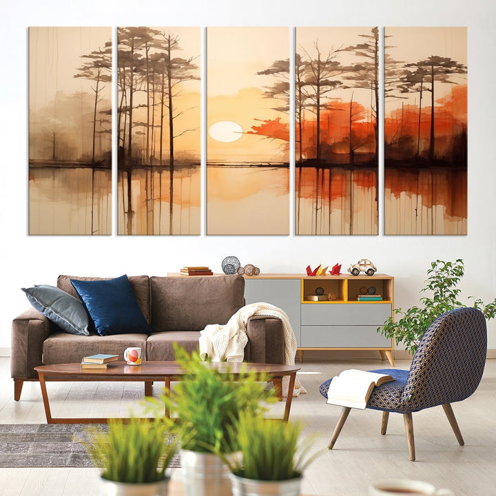 Sunset over Mountain Lake Abstract Landscape Painting Large Framed Wall Art Canvas Print