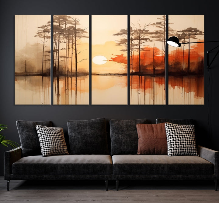 Sunset over Mountain Lake Abstract Landscape Painting Large Framed Wall Art Canvas Print