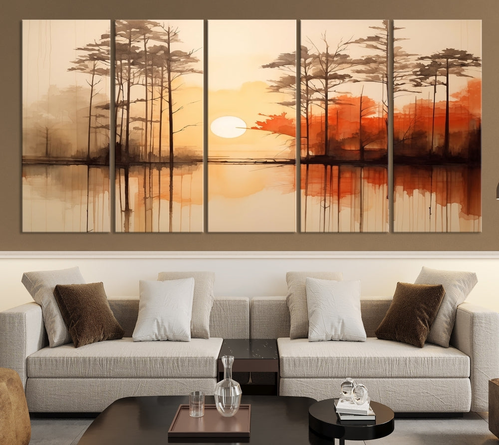 Sunset over Mountain Lake Abstract Landscape Painting Large Framed Wall Art Canvas Print