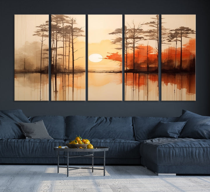 Sunset over Mountain Lake Abstract Landscape Painting Large Framed Wall Art Canvas Print