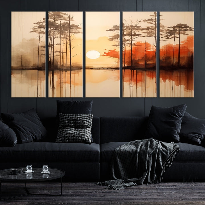 Sunset over Mountain Lake Abstract Landscape Painting Large Framed Wall Art Canvas Print