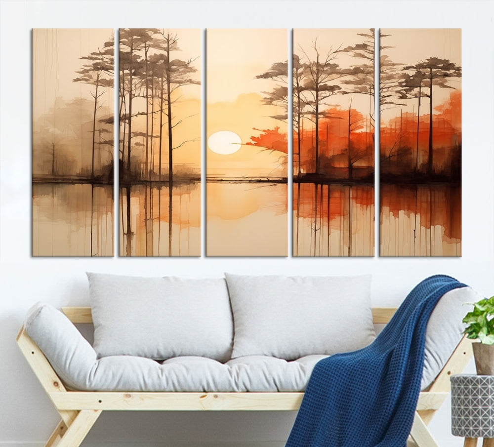 Sunset over Mountain Lake Abstract Landscape Painting Large Framed Wall Art Canvas Print