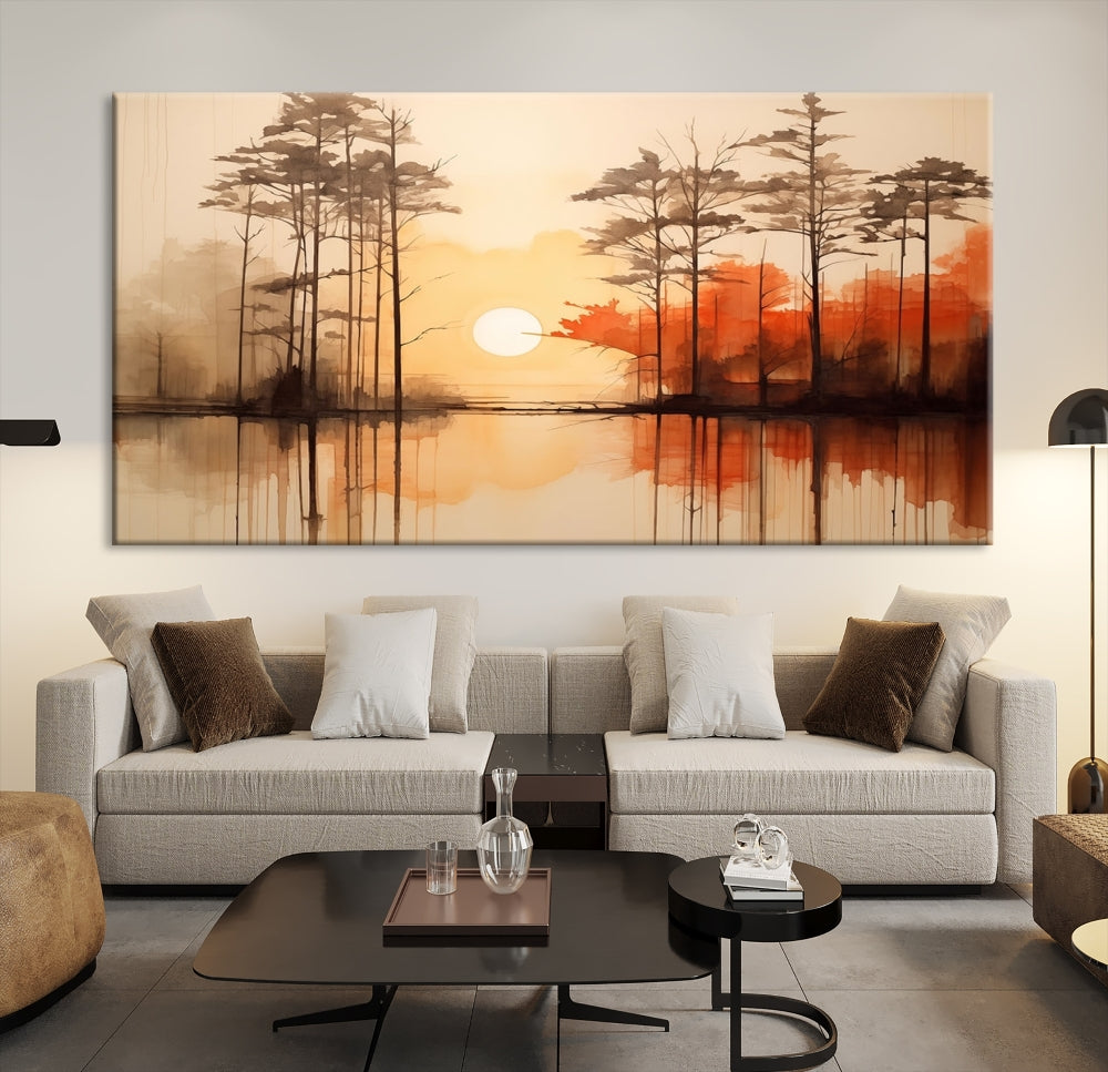 Sunset over Mountain Lake Abstract Landscape Painting Large Framed Wall Art Canvas Print