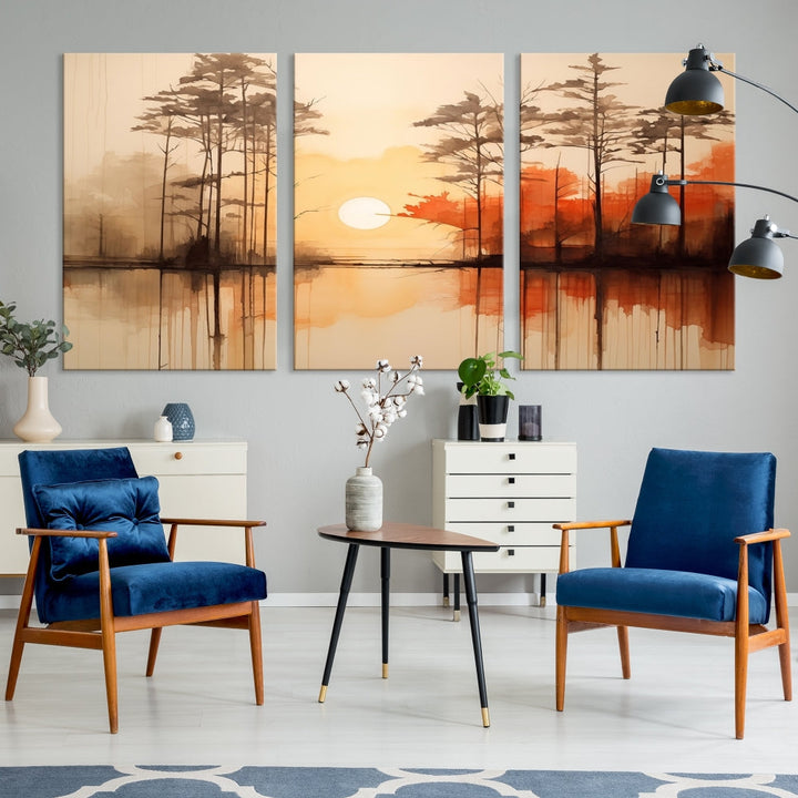 Sunset over Mountain Lake Abstract Landscape Painting Large Framed Wall Art Canvas Print