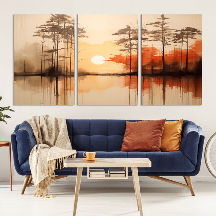 Sunset over Mountain Lake Abstract Landscape Painting Large Framed Wall Art Canvas Print