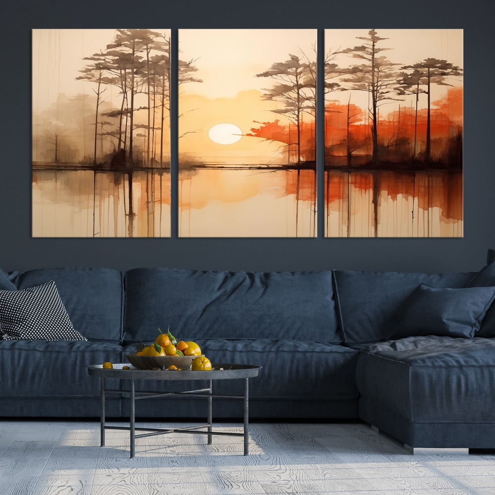 Sunset over Mountain Lake Abstract Landscape Painting Large Framed Wall Art Canvas Print