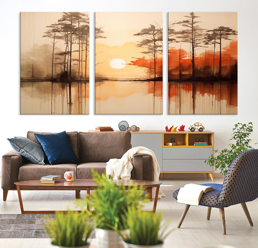 Sunset over Mountain Lake Abstract Landscape Painting Large Framed Wall Art Canvas Print