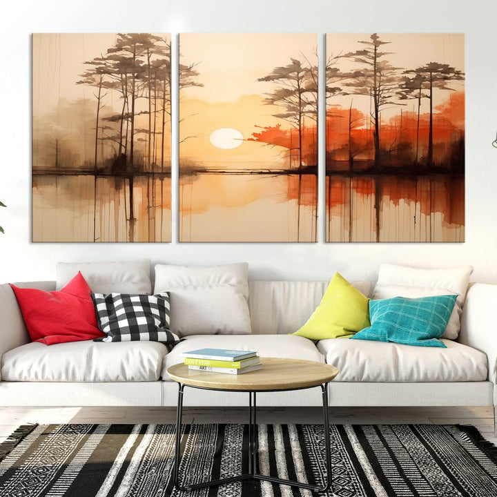 Sunset over Mountain Lake Abstract Landscape Painting Large Framed Wall Art Canvas Print