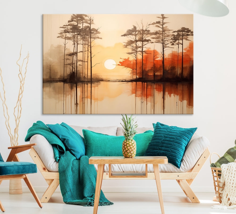 Sunset over Mountain Lake Abstract Landscape Painting Large Framed Wall Art Canvas Print