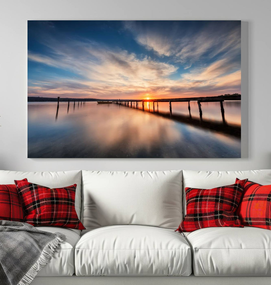 Sunset Over Pier Canvas Wall Art Print - Serene Ocean Sunset Landscape for Living Room, Large 3 Panel Seaside Wall Decor