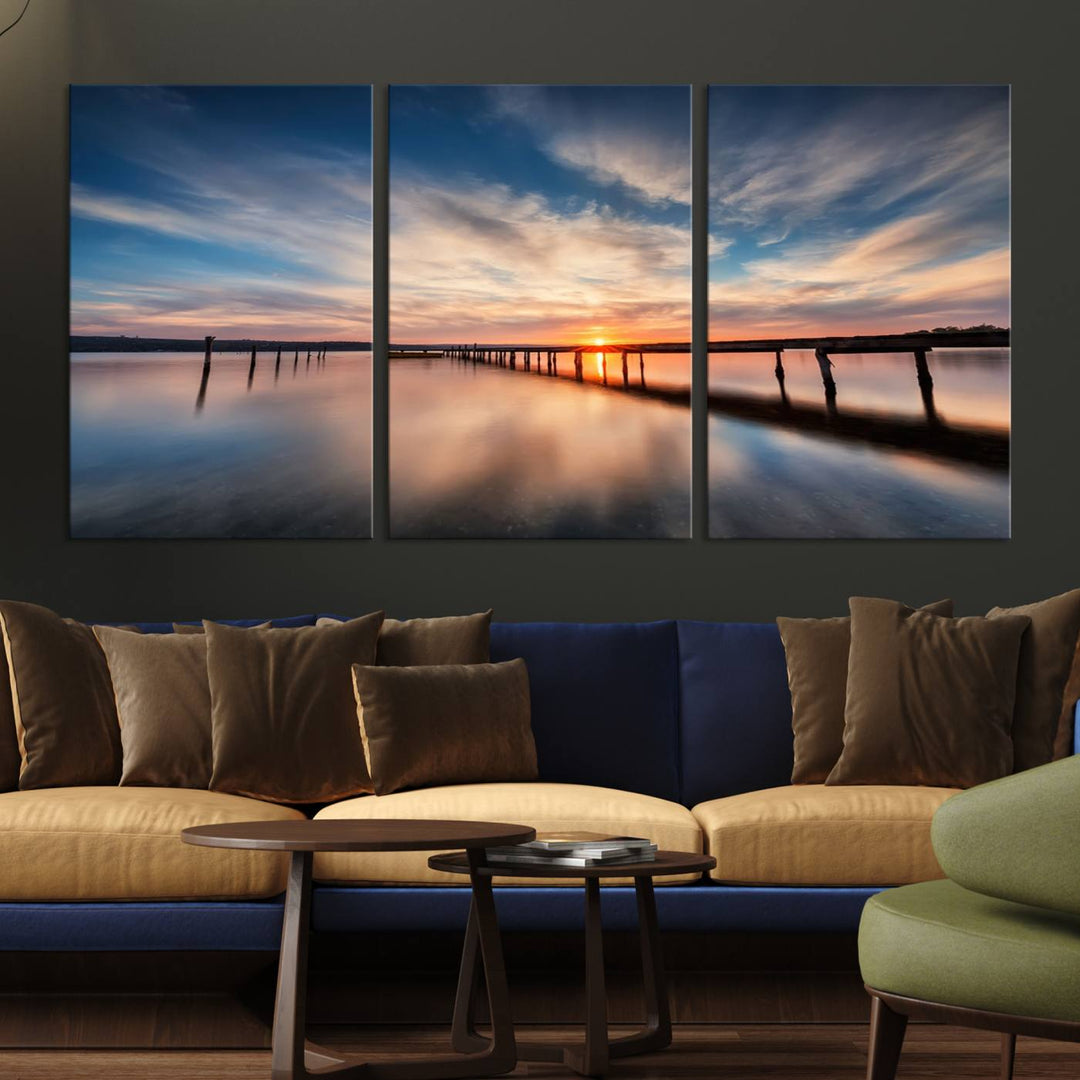 Sunset Over Pier Canvas Wall Art Print - Serene Ocean Sunset Landscape for Living Room, Large 3 Panel Seaside Wall Decor