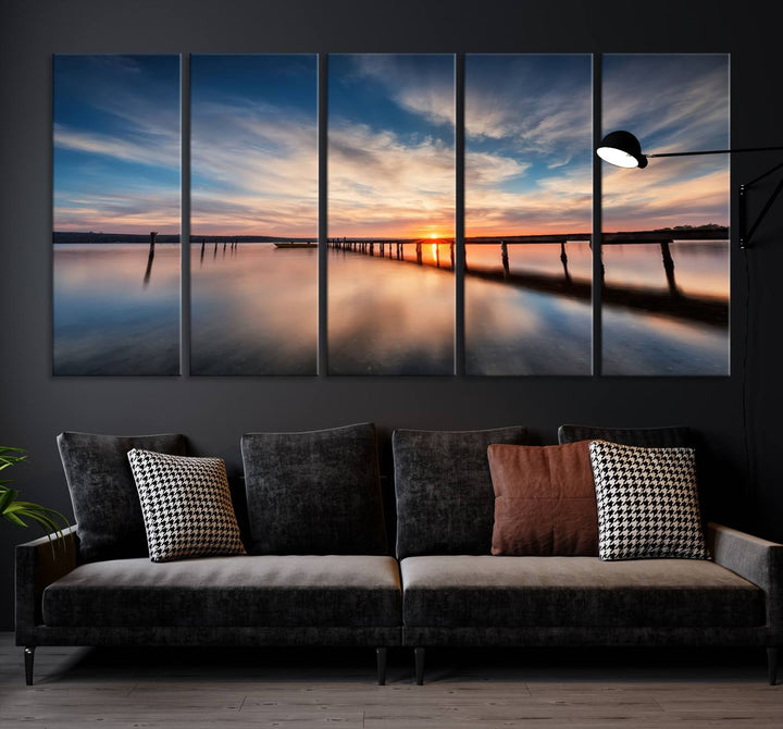 Sunset Over Pier Canvas Wall Art Print - Serene Ocean Sunset Landscape for Living Room, Large 3 Panel Seaside Wall Decor